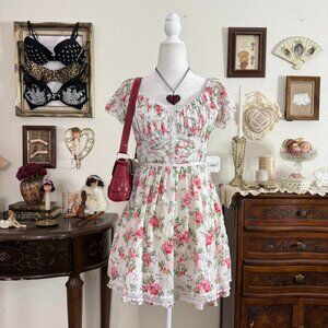 BNWT dainty cottagecore coquette floral babydoll dress w lace trim